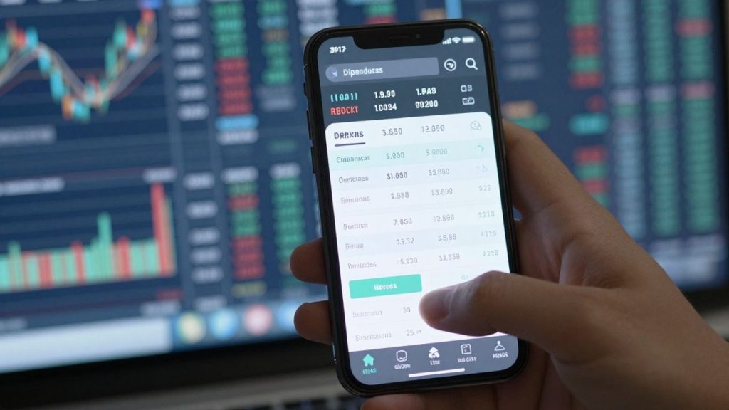 Hand holding phone with stock trading app, cityscape background.