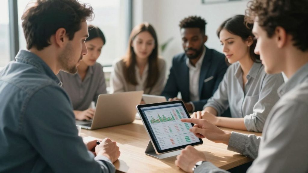 Investors analyzing financial data on a tablet.