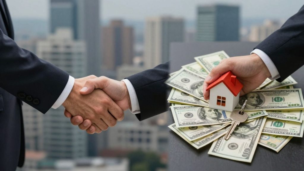 Handshake and money with house key, real estate commission concept.