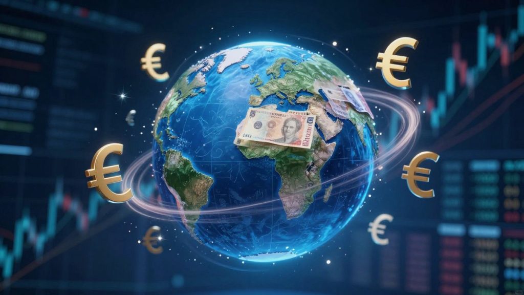 Global currency trading with swirling symbols and abstract patterns.