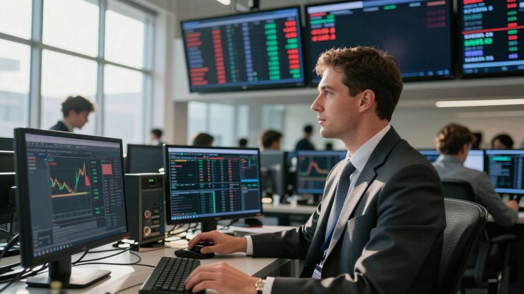 Forex trading floor with currency exchange rates and sunlight.