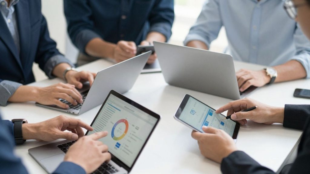 Business professionals using advanced trade force tools.