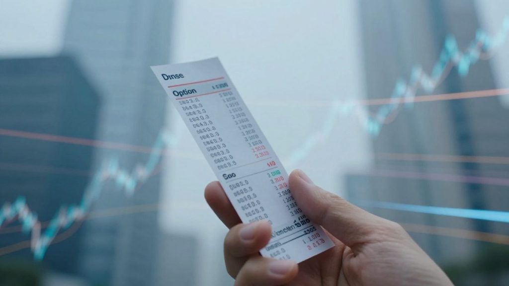 Option trading strategies visualized with stock ticker and city background.