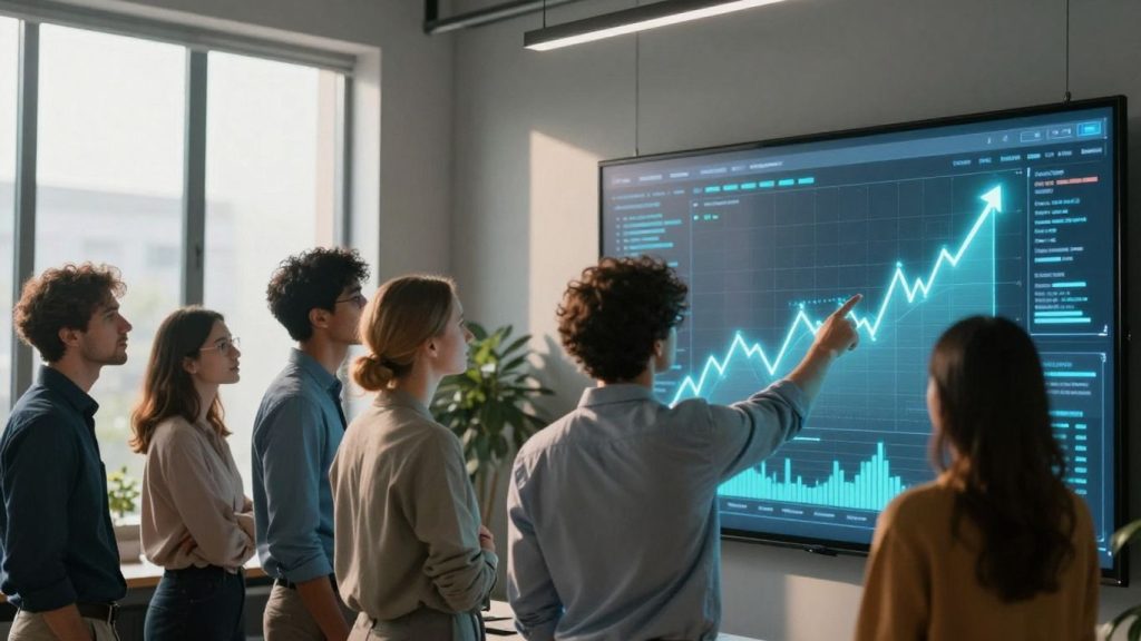 People interacting with digital financial interfaces.