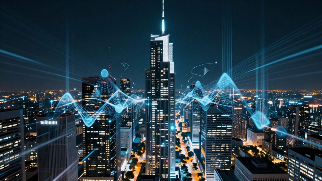 Abstract digital streams flowing through a futuristic cityscape.