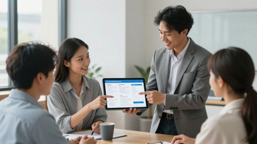 Health insurance broker assisting people with plan options.