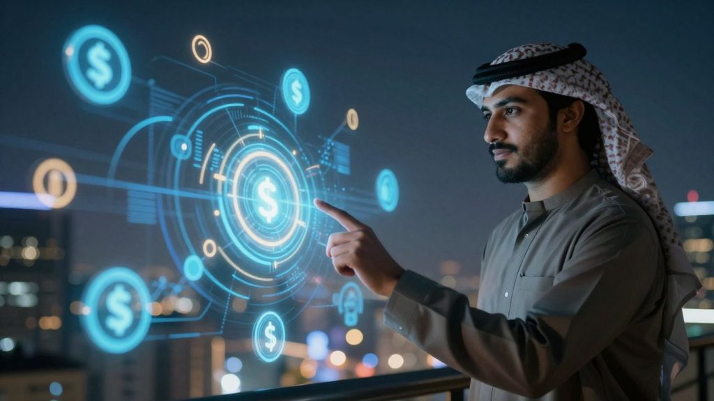 Person trading crypto on a futuristic digital interface.