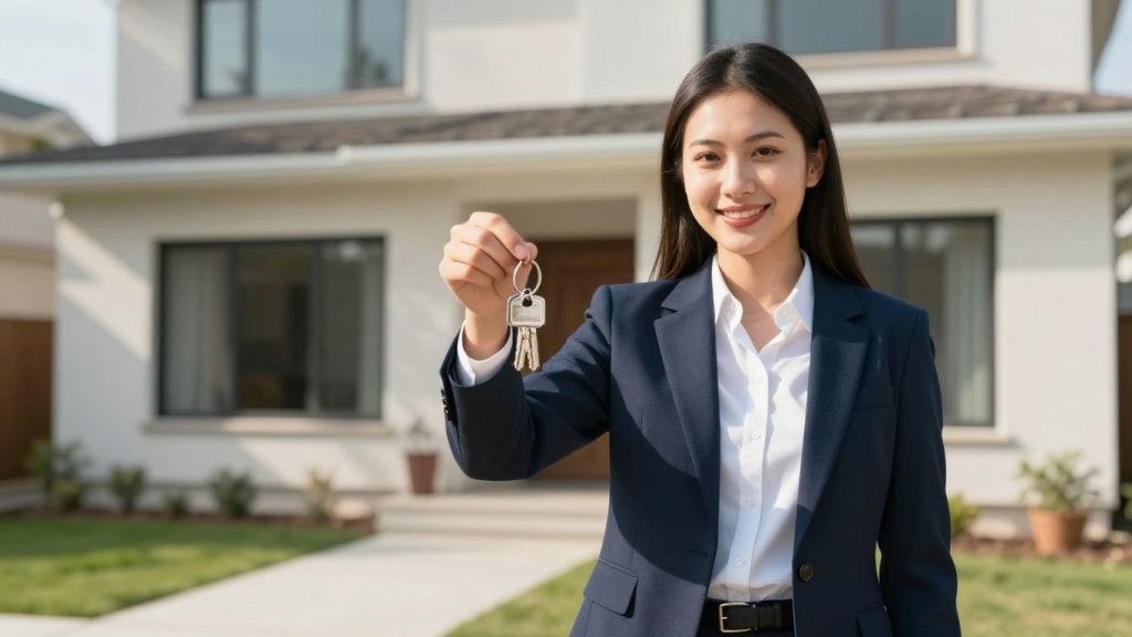 Real estate broker holding keys in front of a house.