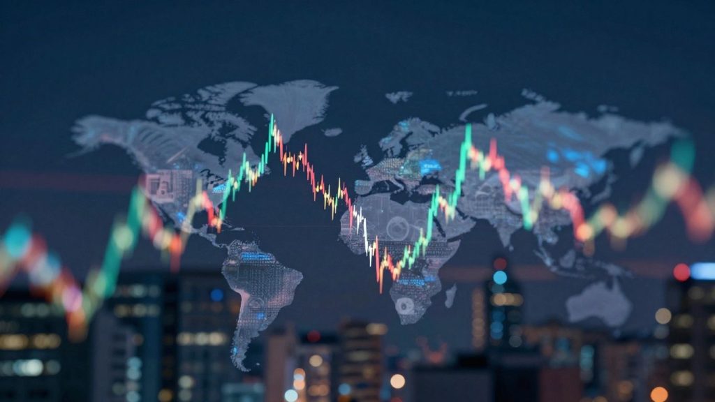 Live currency chart visualization with abstract flowing lines.