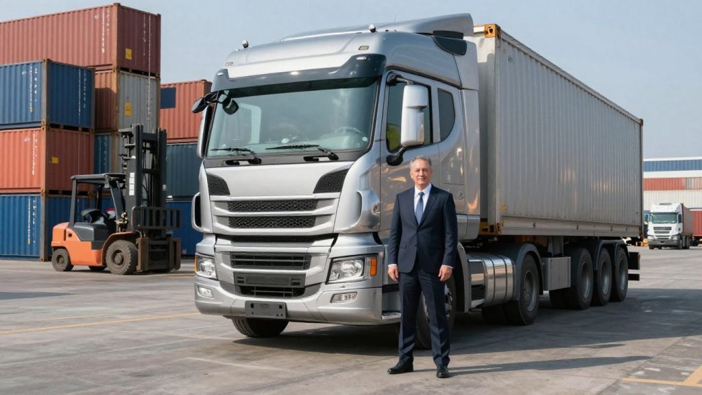 Freight broker career guide with truck and shipping yard.