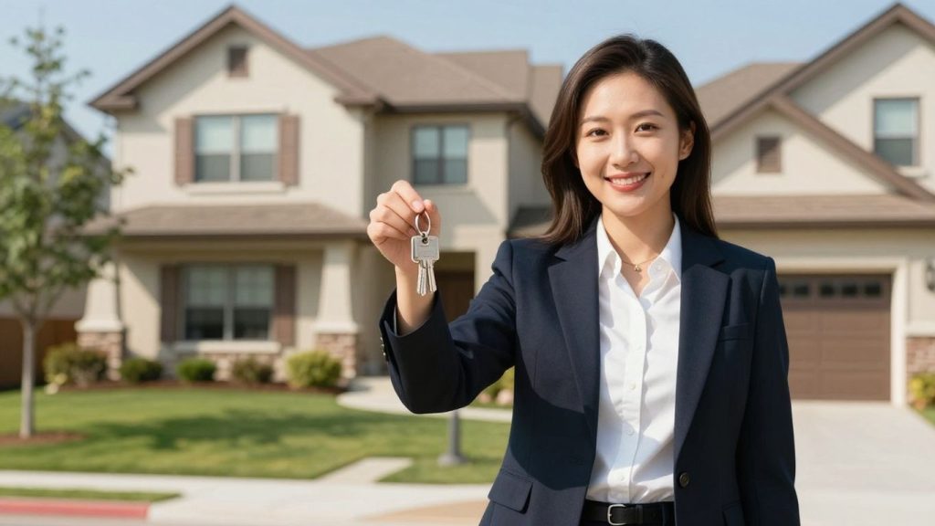 Real estate broker holding keys in front of a house.