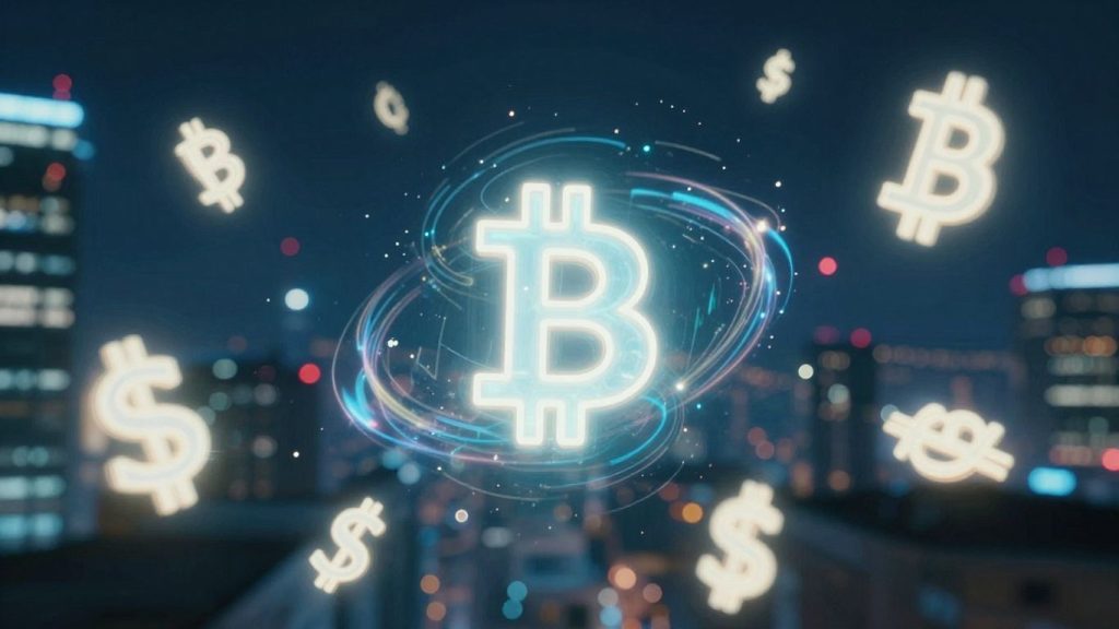 Crypto market momentum with glowing symbols and cityscape.