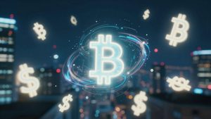 Crypto market momentum with glowing symbols and cityscape.