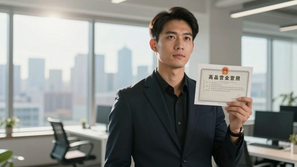 Person holding a real estate broker license, looking towards future.