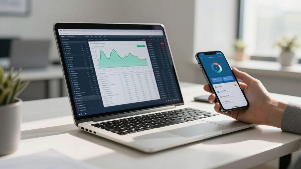 Laptop and smartphone showing e-trading interfaces.