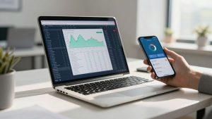 Laptop and smartphone showing e-trading interfaces.