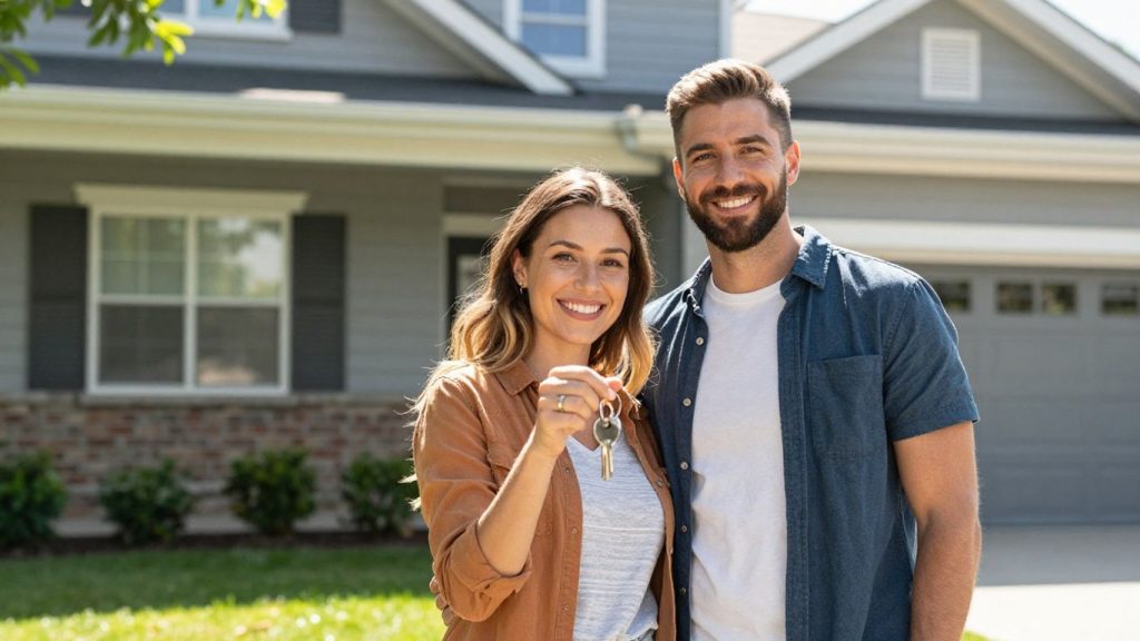 Real estate agent giving house keys to a couple.