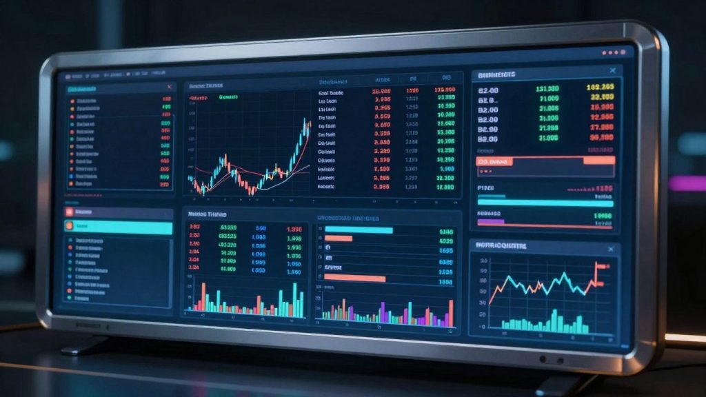 Trading dashboard with glowing data streams