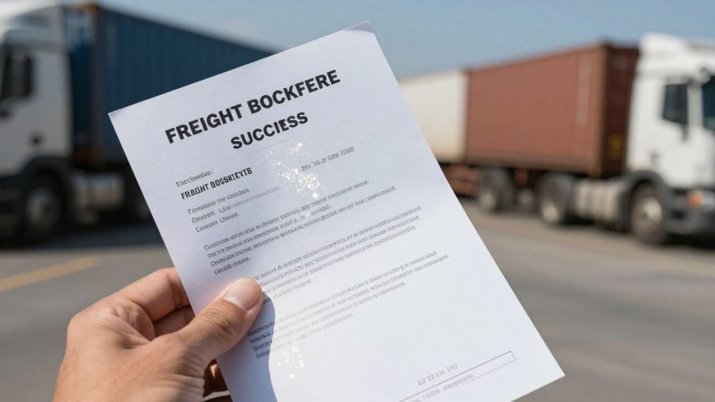 Freight broker license document with trucks in background.