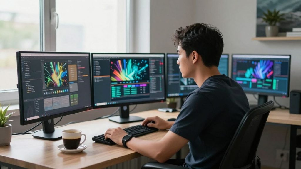 Trader at computer screens in bright office workspace
