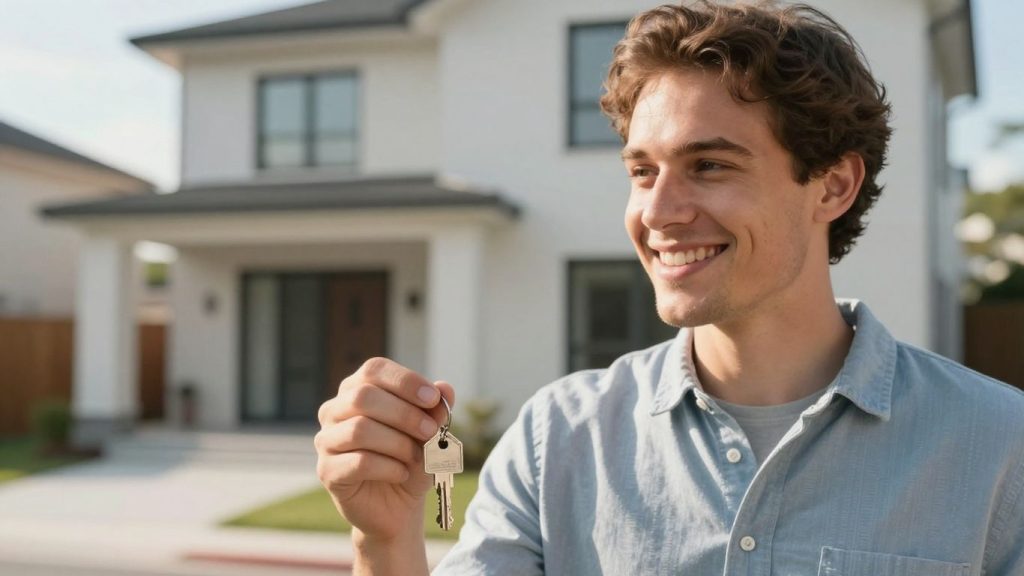 Person holding house key, happy about selling home.