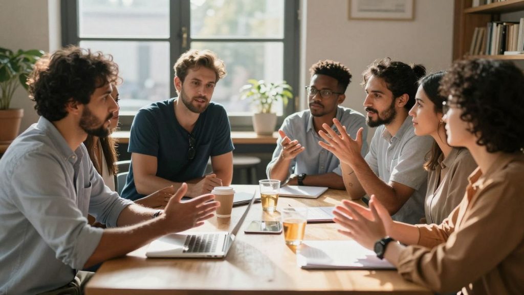 Traders discussing forex insights and strategies together.