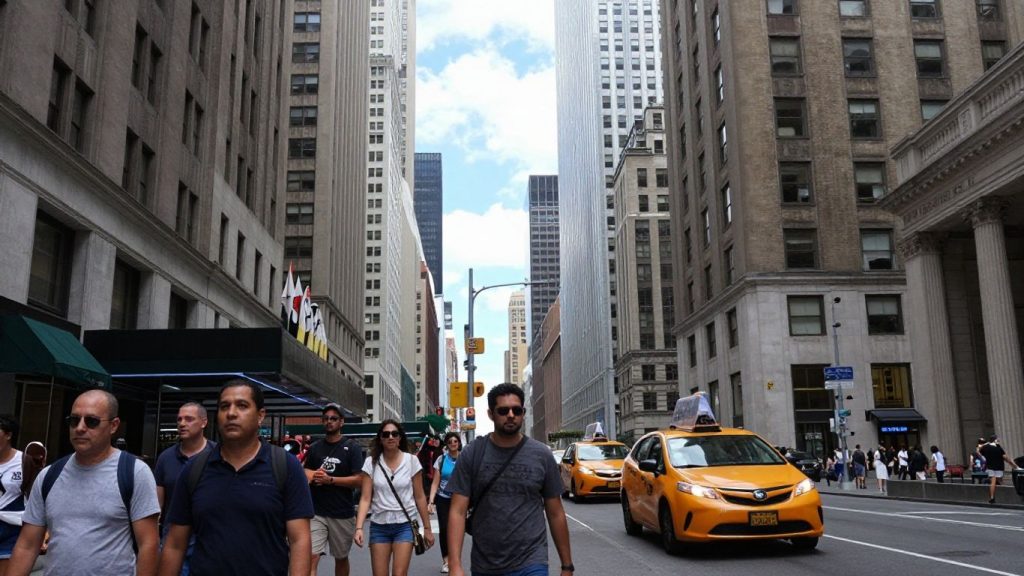 New York City skyline and street with people and taxi.
