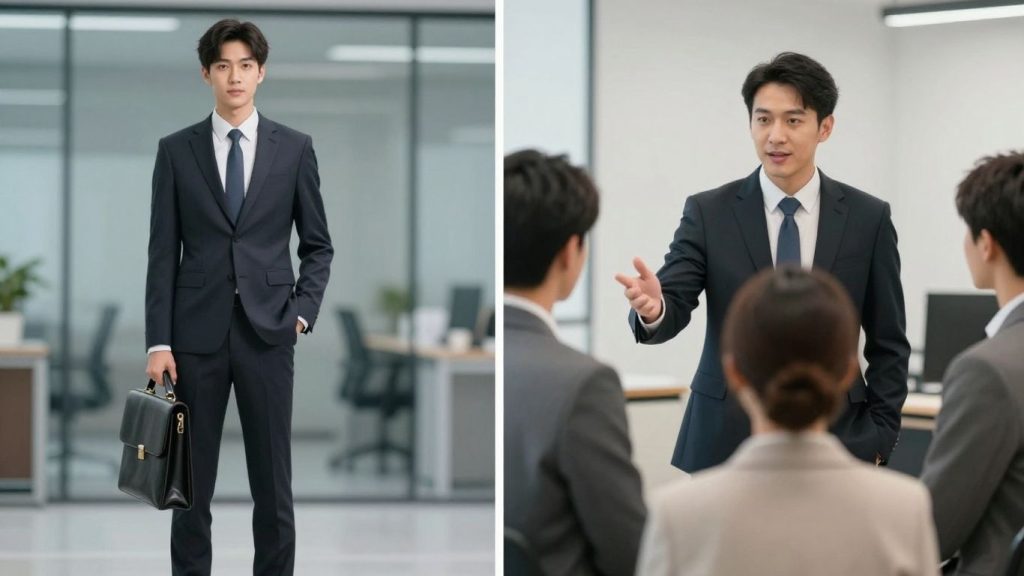 Agent and broker figures with clients and briefcase.