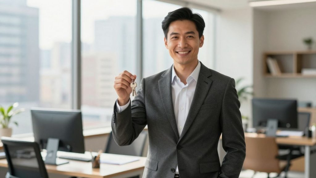 Real estate agent with keys and city view.