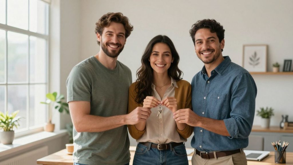Mortgage broker with happy couple holding house keys.