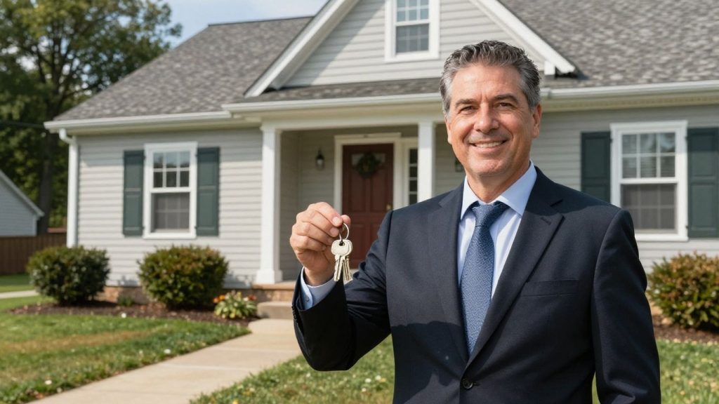 Pennsylvania real estate broker with keys outside a home.