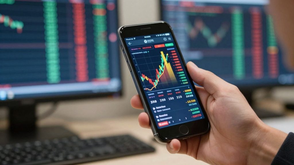 Hand holding smartphone with abstract stock market display.