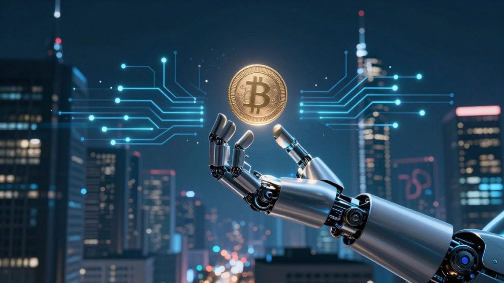 AI trading bot navigating smart investments in a futuristic city.