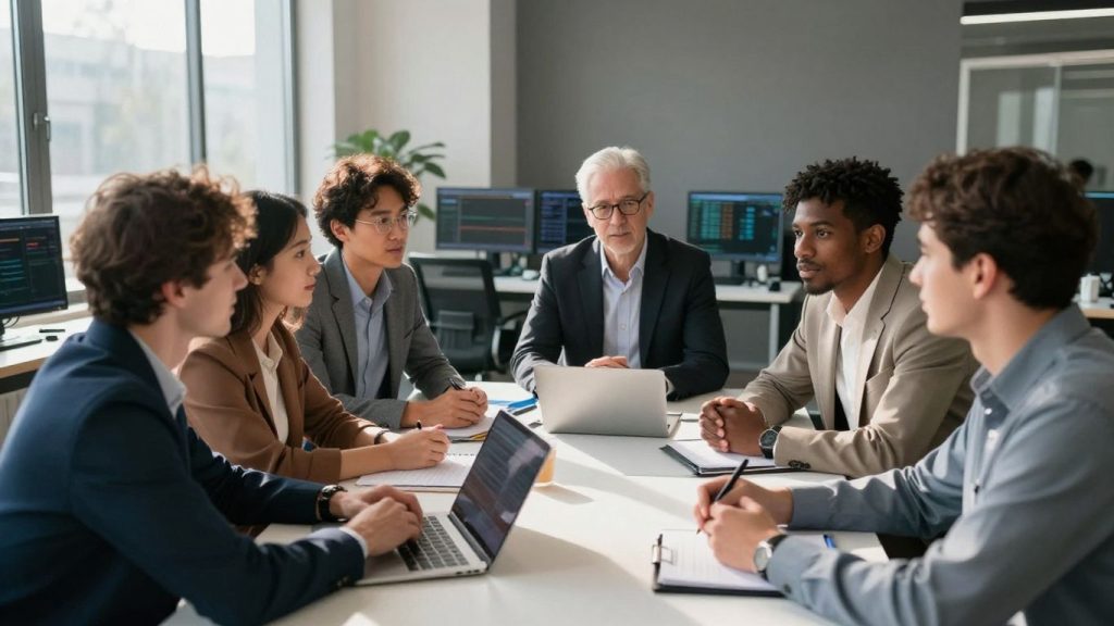 Forex traders discussing strategies in a professional setting.