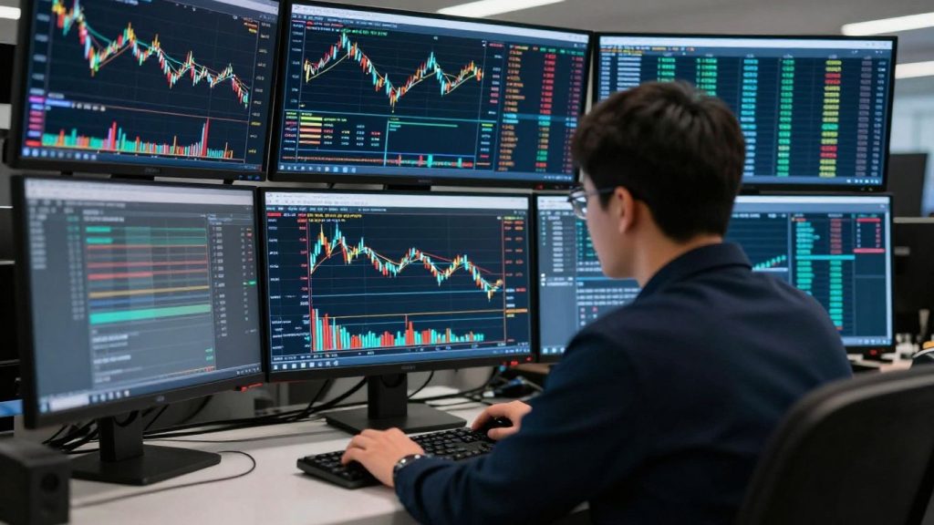 Trader at desk monitoring multiple financial charts