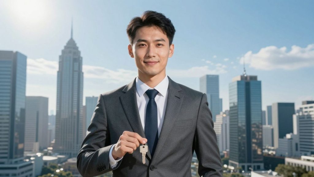 Real estate agent with keys and city skyline.