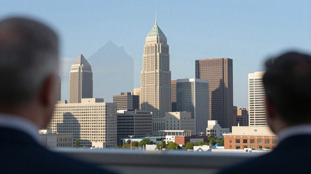 Indianapolis skyline with a house silhouette.