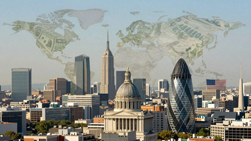 European and US landmarks with currency motifs.