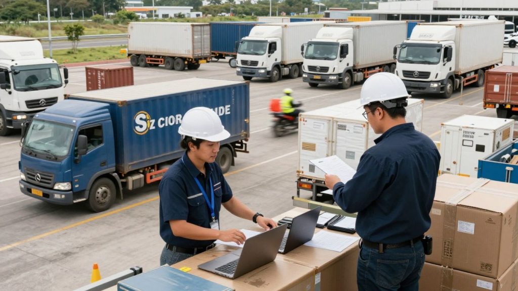 Freight broker managing logistics operations with trucks and cargo.