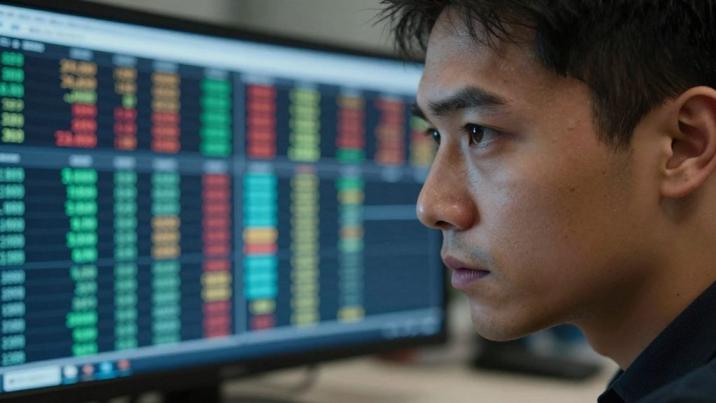 Trader's intense eyes reflecting market data.