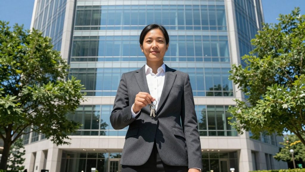 Washington State real estate broker in front of office building.