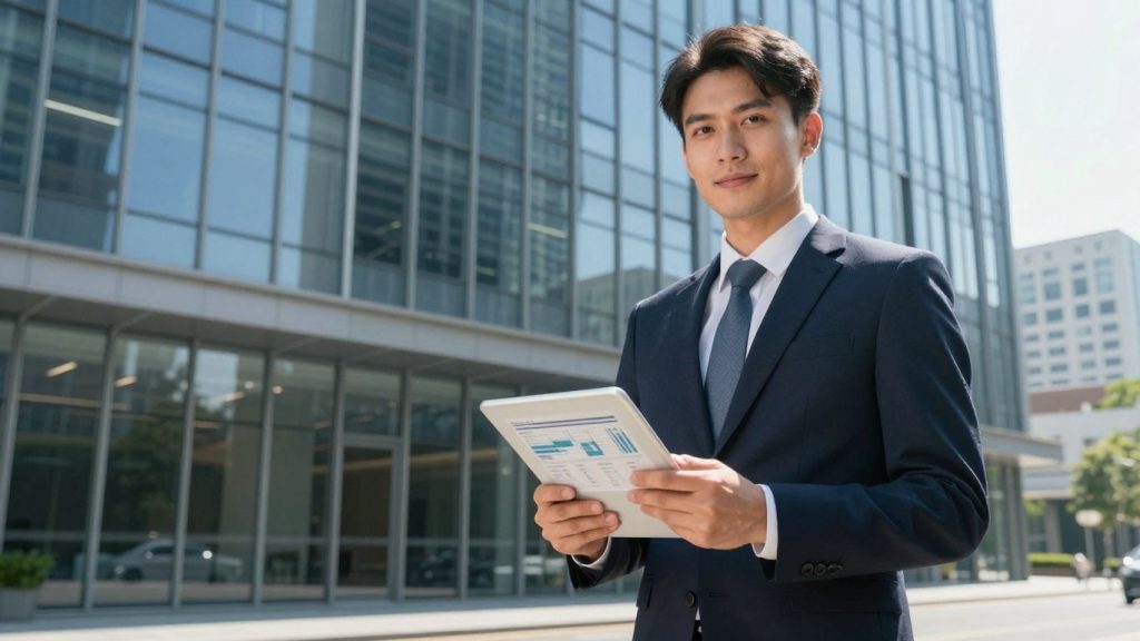 Real estate agent in suit with financial data tablet.