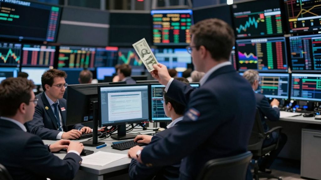Forex trading floor with active traders and global market indicators.