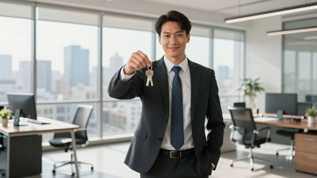 Real estate broker with keys and city view.