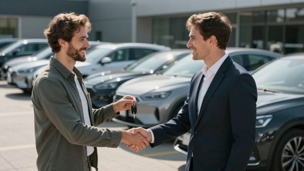 Auto broker handing car keys to a happy customer.