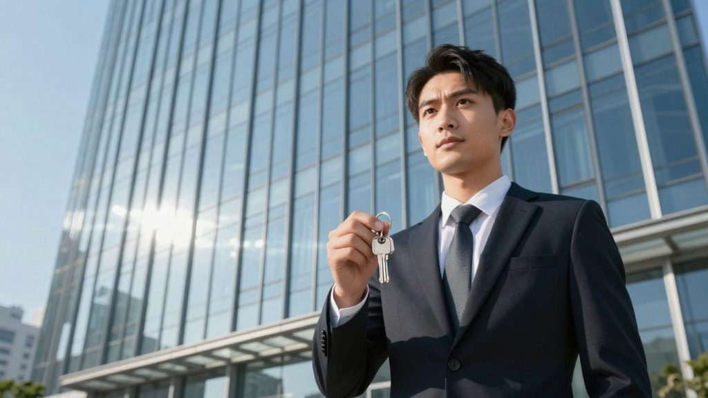 Real estate broker holding keys in front of office building.