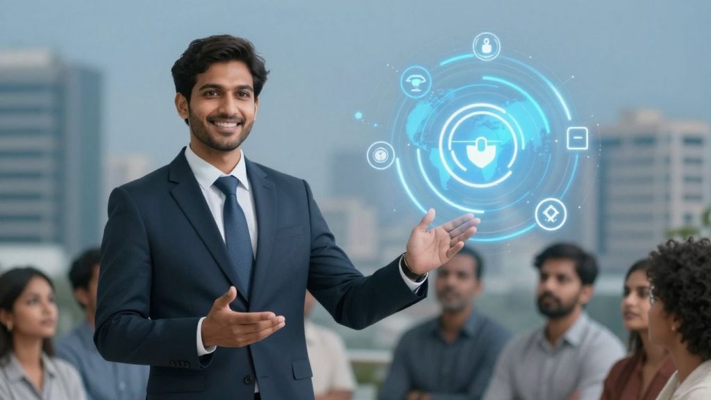 Person helping diverse group with medical insurance options.