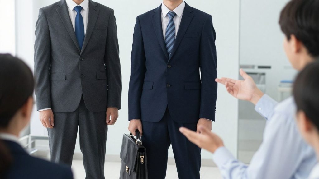 Agent and broker figures with clients and briefcase.