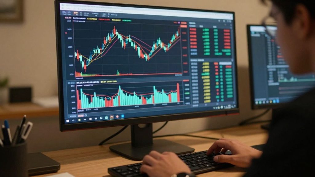 Trader analyzing candlestick chart on computer monitor