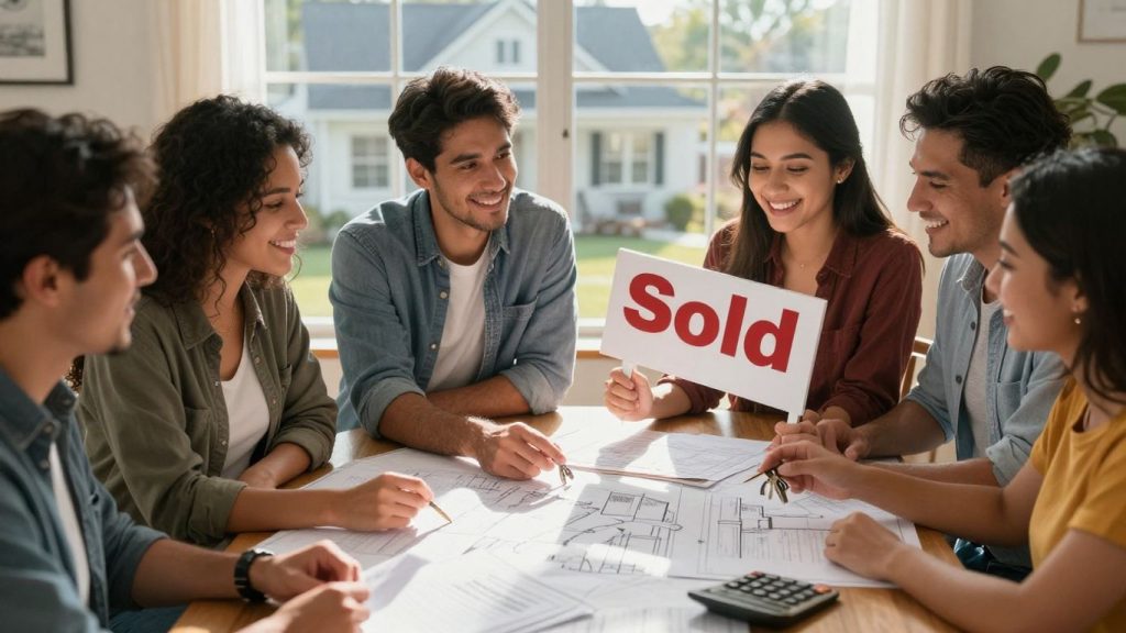 Homebuyers reviewing mortgage documents and keys.
